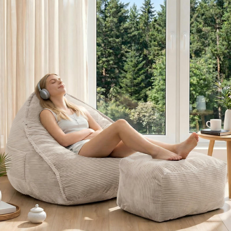 Large Bean Bag Chair Set with Ottoman and Side Pocket for Adults, Beige Corduroy