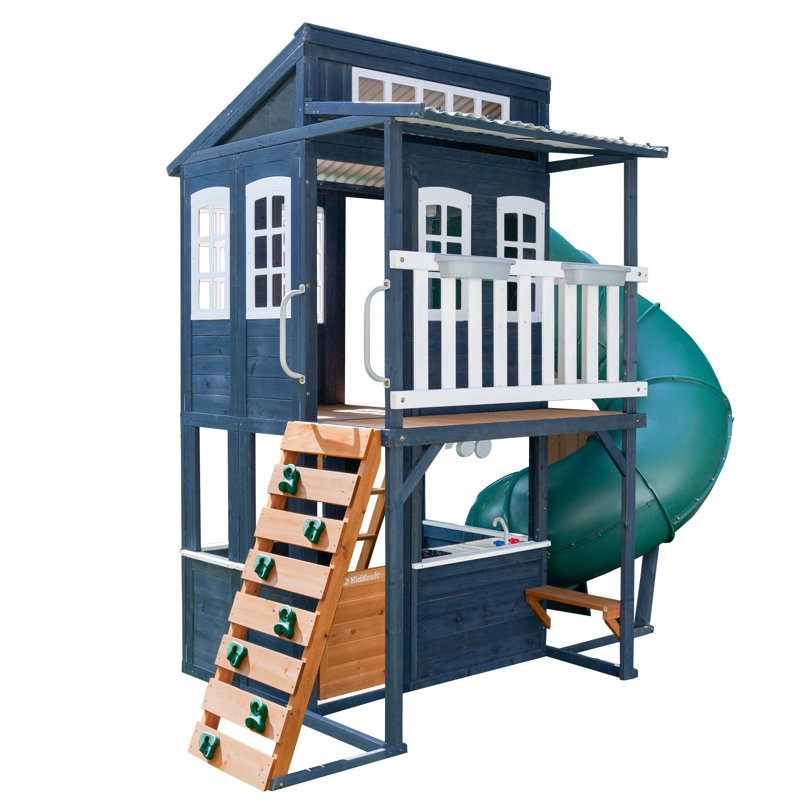 KidKraft 2-Storey Wooden Playhouse with Tube Slide & Rock Wall - Outdoor Climbing Frame, Navy