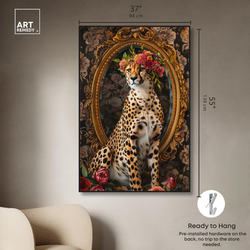 Art Remedy, art moderne sur toile, miroir guépard, Cadre flottant noir, H 55 po x l 37 po