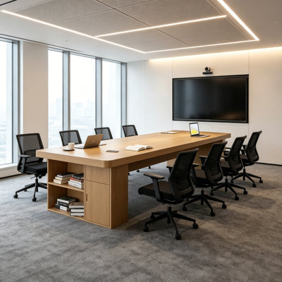 Modern Rectangular Solid Wood Conference Table, Natural Wood Desk with Storage Cabinet