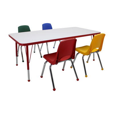 Ensemble de 5 tables d'activités rectangulaires effaçables à sec 30 "x 60" avec pieds standards et chaises empilables 14 "avec glissières à billes - tableau blanc / rouge / assortis