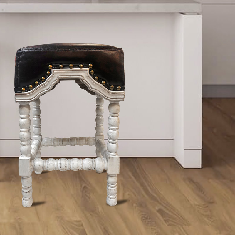 Kamena Upholstered Counter Stool with Solid Wood Frame, Brown Leather, Counter Stool (26" Seat Height)