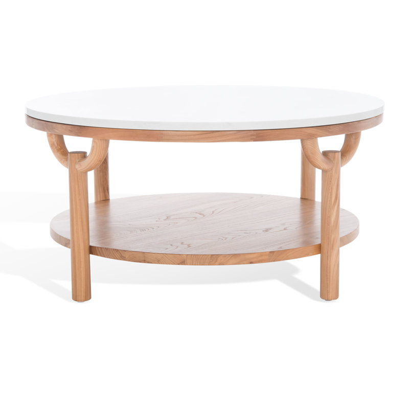 35" Elm Wood & White Marble Round Coffee Table with Storage