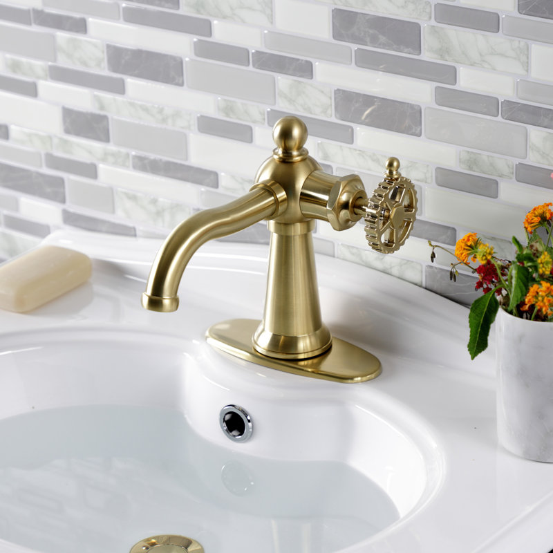 Kingston Brass Fuller Single-Handle 1-Hole Deck Mount Bathroom Faucet with Push Pop-Up and Deck Plate, Wheel, Brushed Brass