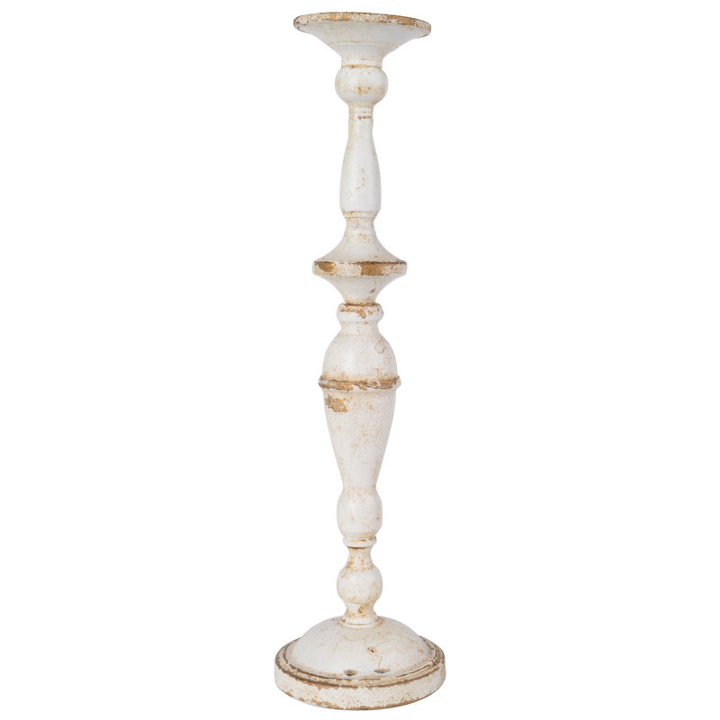 19” Tall Antique White Metal Candlestick, French Country Style Candle Holder, for Tabletop, Mantel, Dresser, Home and Office Decor