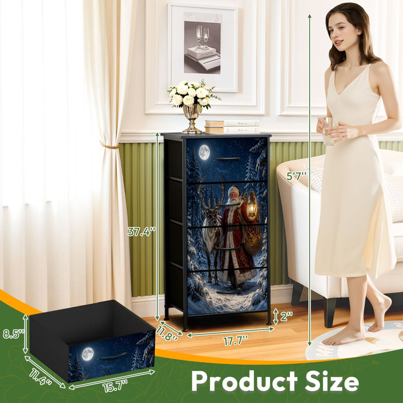 Commode 4 tiroirs pour chambre à coucher Père Noël renne Snowy Forest sous la pleine lune Petite commode haute pour organisateurs de placard avec commode