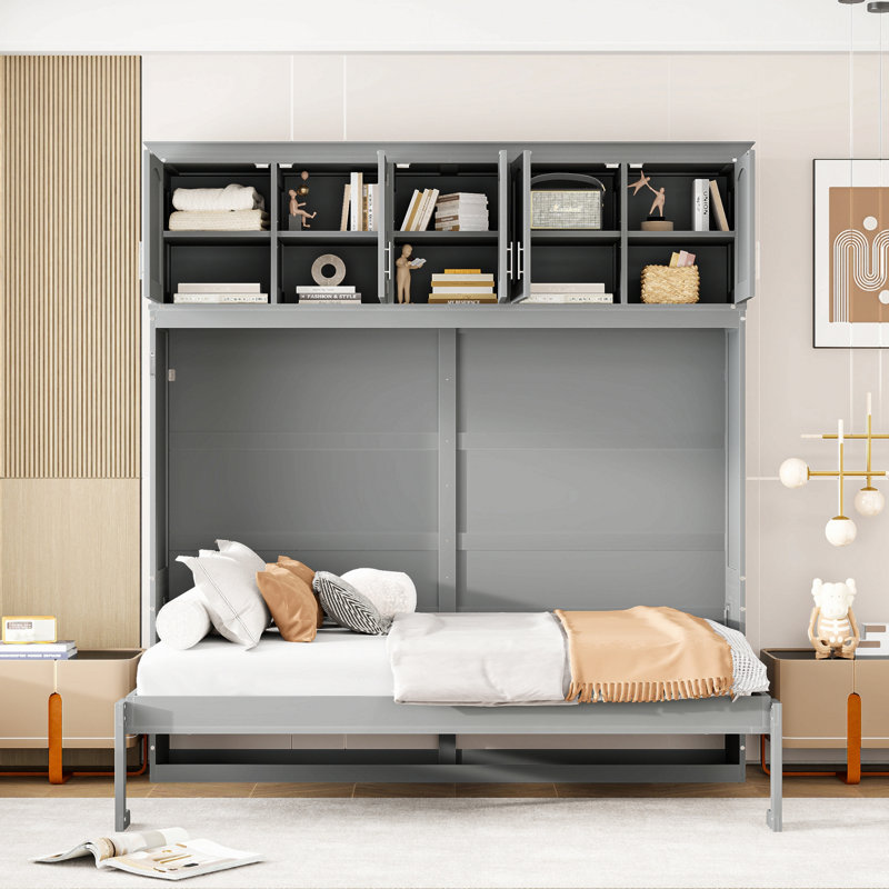 Lit escamotable mural avec armoires supérieures Murphy, Gris, Lit double
