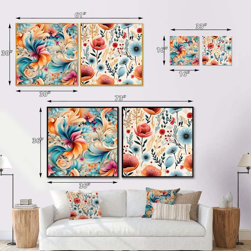 Zandra - Ensemble de 2 collages floraux carrés, Toile tendue, H 30 po x l 61 po