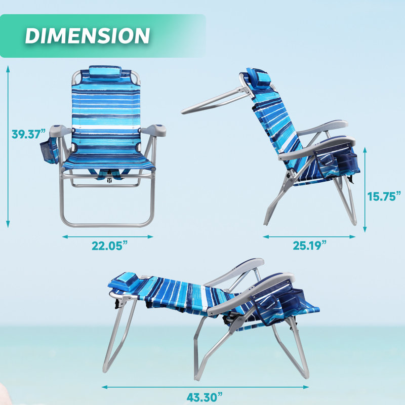 Slader Backpack Beach Chairs, Folding Heavy Duty Camping Chair with Large Pockets and Cup Holder, Blue