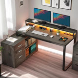 55'' L-Shape Computer Desk With LED Lights, Power Outlets & Drawer Shelves