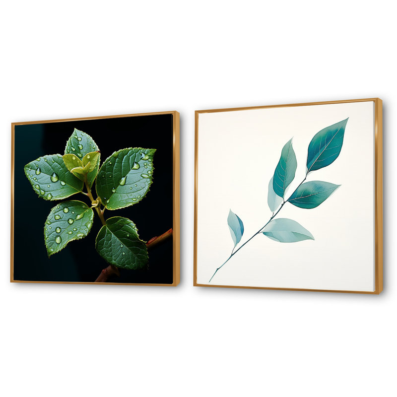 Ensemble de 2 feuilles de collage sarcelle sarcelle Expression Leaf, Cadre flottant doré, H 36 po x l 73 po