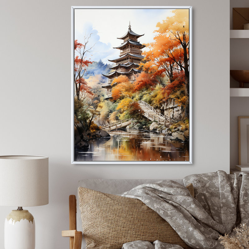 Madaly Japon Art Golden Autumn, H 40 po x l 30 po x P 1,5 po, Cadre flottant blanc