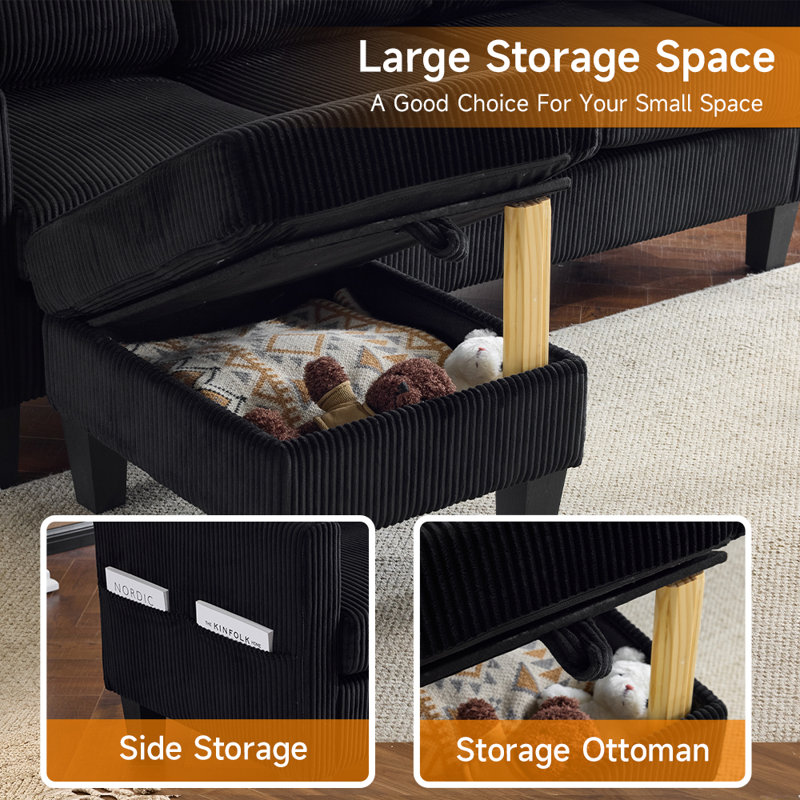 68.5 In. W Square Arm Corduroy L-Shaped 3-Seat Sofa With Storage Ottoman, Black