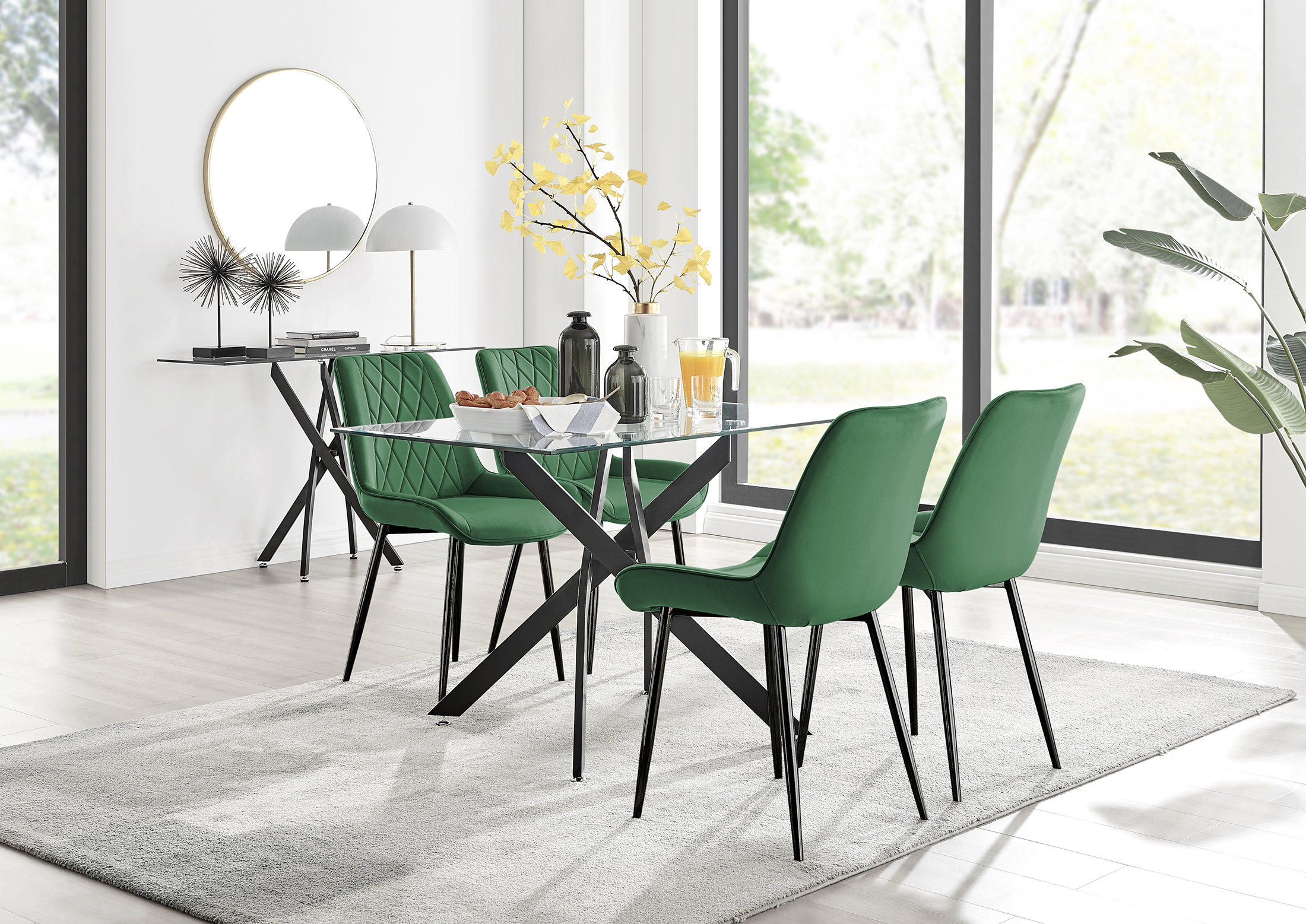 East Urban Home Lenworth Modern Metal and Glass Dining Table Set with 4 ...