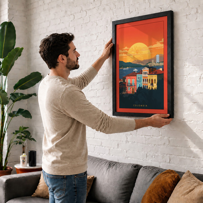 Golden Sunset Over Colombia Retro - Framed Print, A4 - 29.7 x 21.0 cm, Walnut