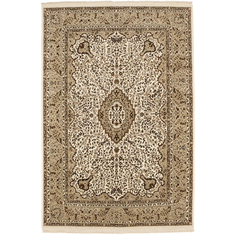 Tapis oriental crème / brun / kaki traditionnel Indo Kerman 6 pi 5 po x 9 pi 7 po