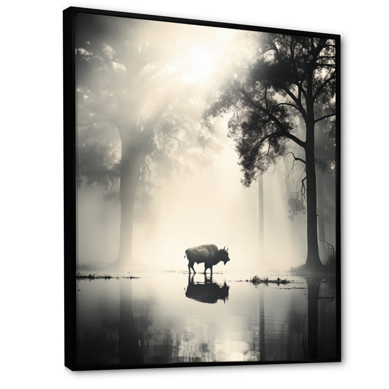 Buffle gris éthéré - animaux, salon, art mural, H 40 po x l 30 po x P 1,5 po, Cadre flottant noir