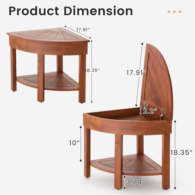 Tabouret de douche de coin 18,3 po avec rangement, banc de douche en teck et repose-pieds pour le rasage, siège de salle de bain compact