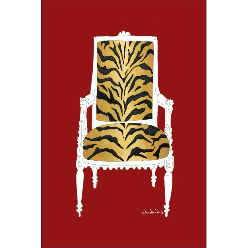 Chaise tigre sur fond rouge, H 18 po x l 12 po