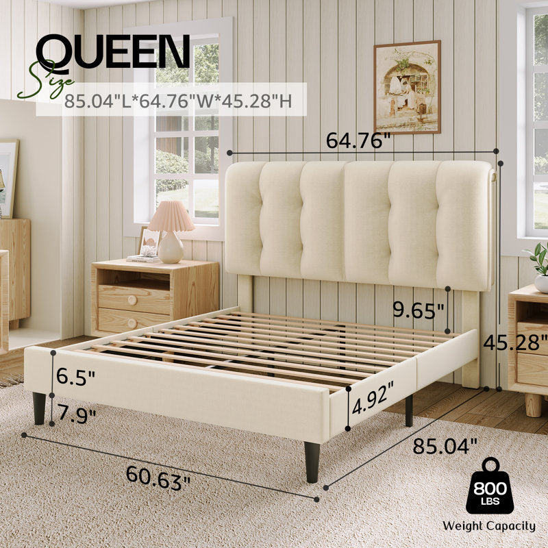 Arlet Upholstered Platform Bed, Queen, Cream