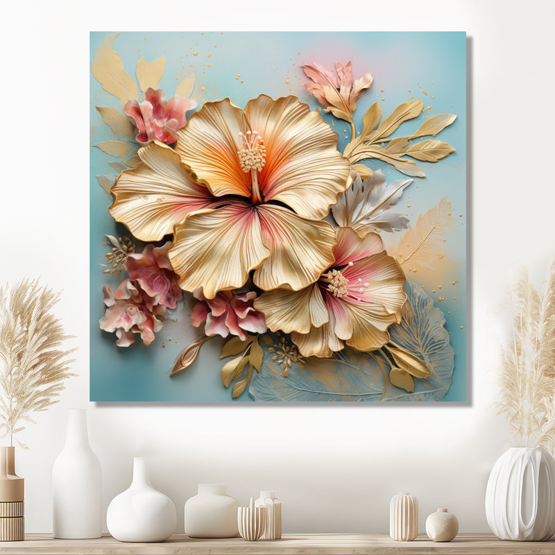 Hibiscus doré fleur tropicale sur bleu rétro - Hibiscus Wall Art Living Room, Toile tendue, H 16 po x l 16 po