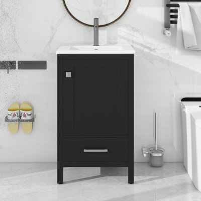 Meuble-lavabo moderne de 20 pouces avec lavabo en céramique, tiroir et porte à fermeture en douceur, organisateur de porte double couche, tiroir de séparation, patins réglables