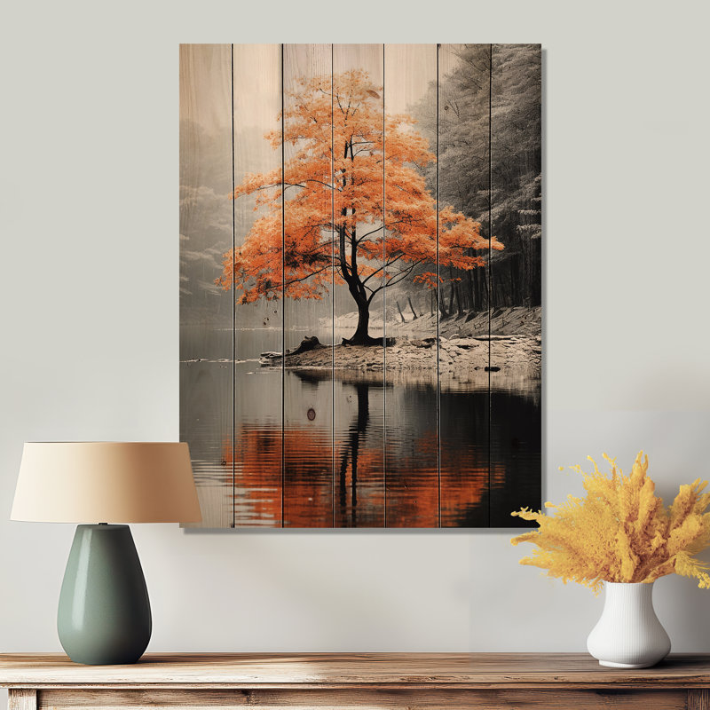 Orange et gris forêt d'automne élégance II sur bois, H 40 po x l 30 po x P 0,78 po