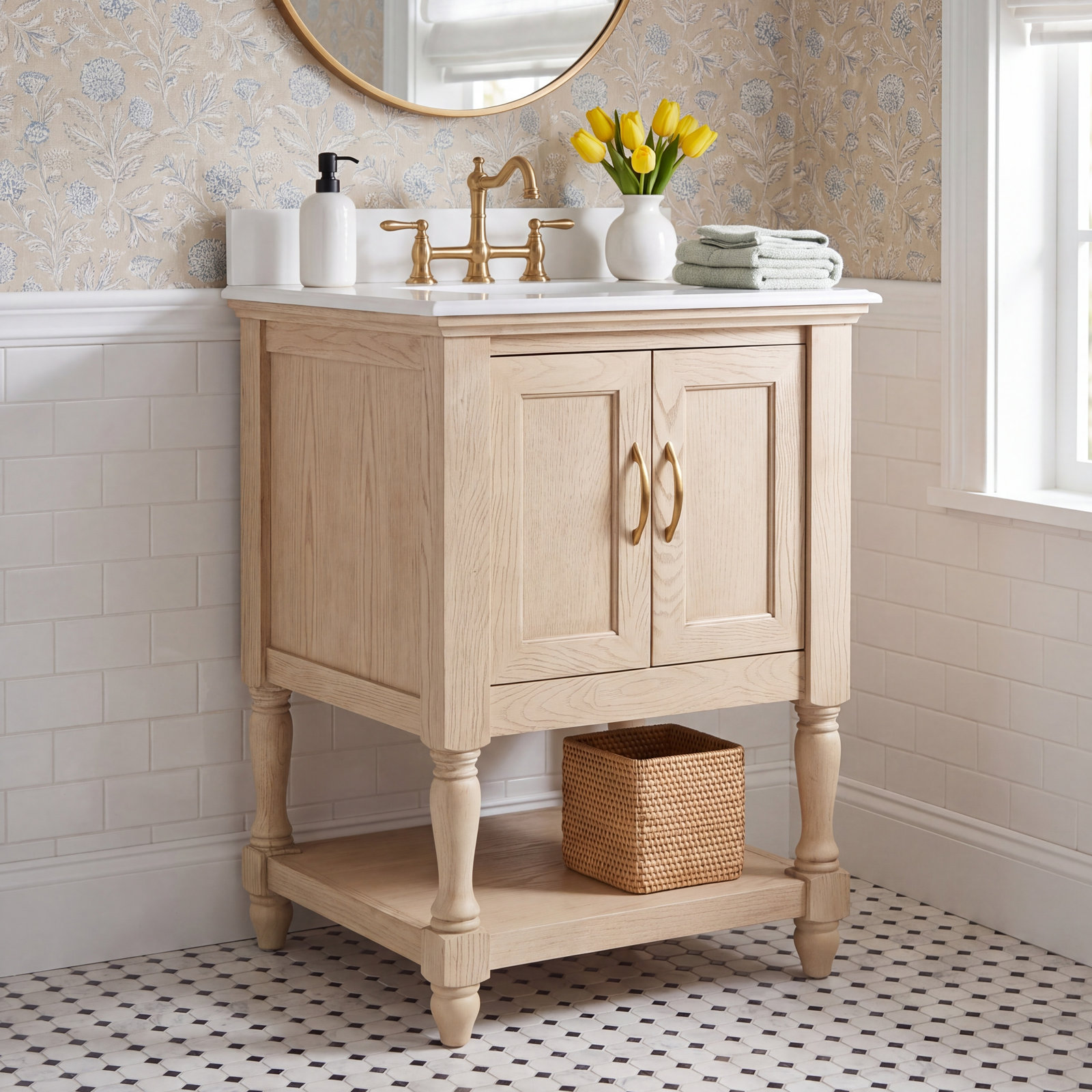 24 " Pine Single Bathroom Vanity, Greige Oak, Engineered White