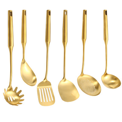 Ensemble d'ustensiles de cuisine 6 pièces en acier inoxydable pour la cuisine, comprenant une cuillère à rainures, une louche à soupe, une spatule et plus encore