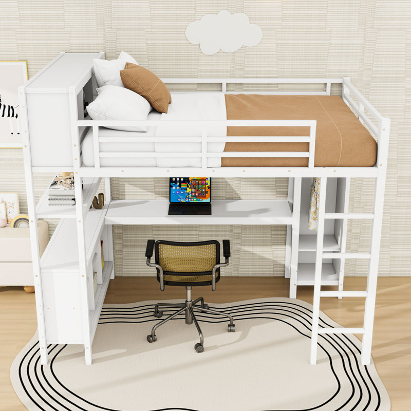 Lit mezzanine en métal avec garde-robe, bureau et tablettes de rangement, Blanc