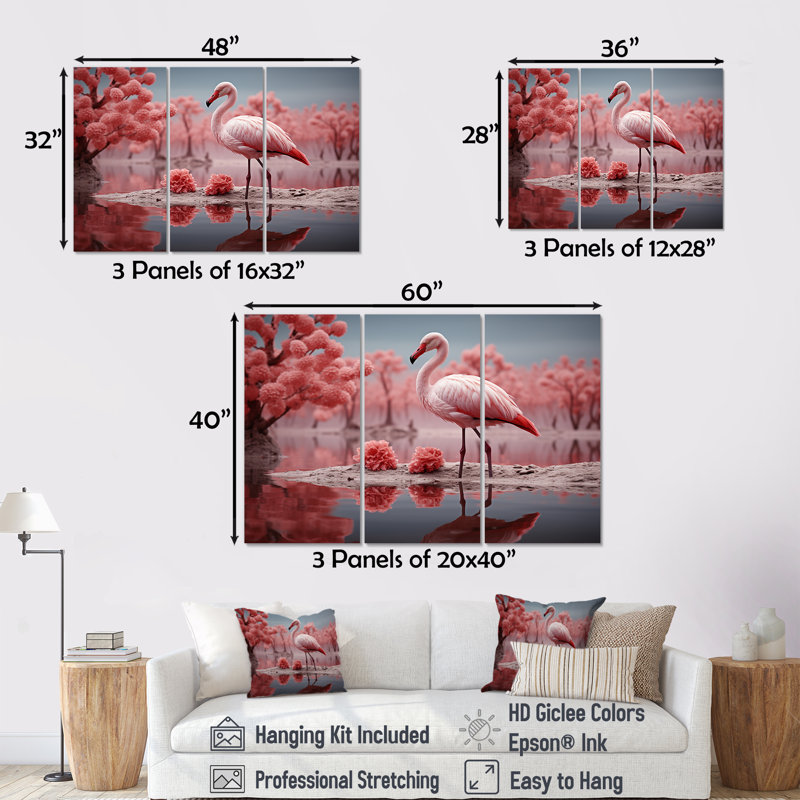 «Elegant Pink Flamingo Paradise I», ensemble d'art mural animalier, H 28 po x l 36 po