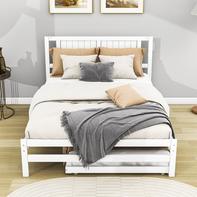 Full Wood Platform Bed with Twin Adjustable Trundle and Headboard, White