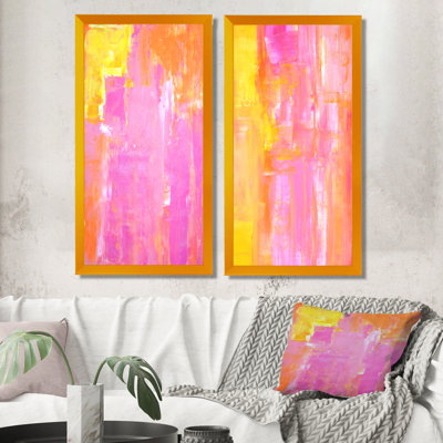 2 Piece Painting Set on Canvas - Yellow and Pink Merging Abstract