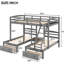Lit double superposé au-dessus de simple et double en bois de pin gris avec tiroirs fonctionnels