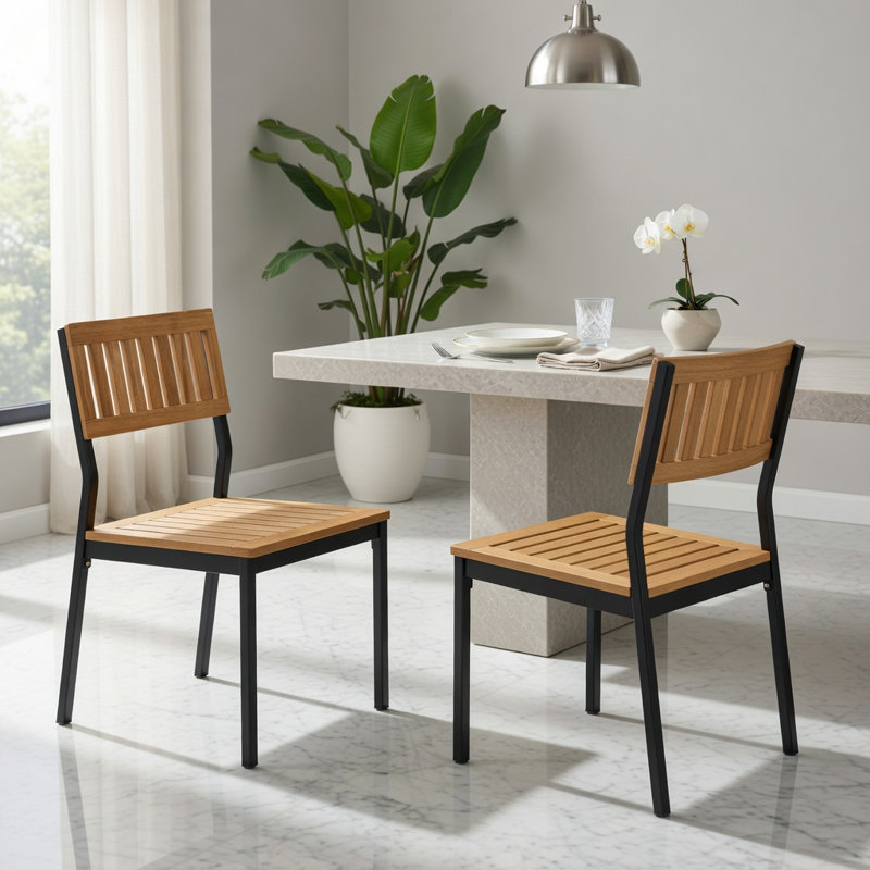  Ensemble de 2 chaises de patio rustiques modernes, structure en bois d'acacia et en métal, sièges d'extérieur résistants aux intempéries avec dossier incurvé ergonomique et pieds réglables, naturel