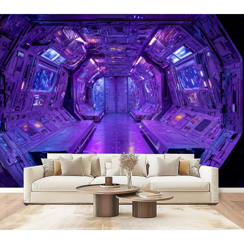 Papier peint adhésif pelez et collez futuriste Spacecraft Cockpit Neon Lighting, L 96 po x l 69 po