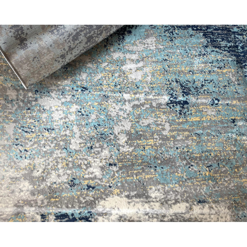 Tapis abstrait gris clair / bleu N'Keal, Tapis de couloir 2 pi x 12 pi, Light Grey/Blue
