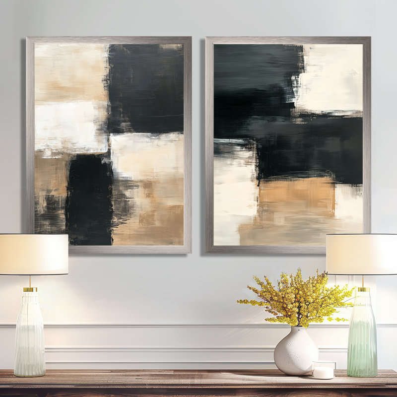 Ensemble de 2 décorations murales minimalistes abstraites Charbon Tonal Abstract III, 32" H x 48" W, Silver Picture Framed