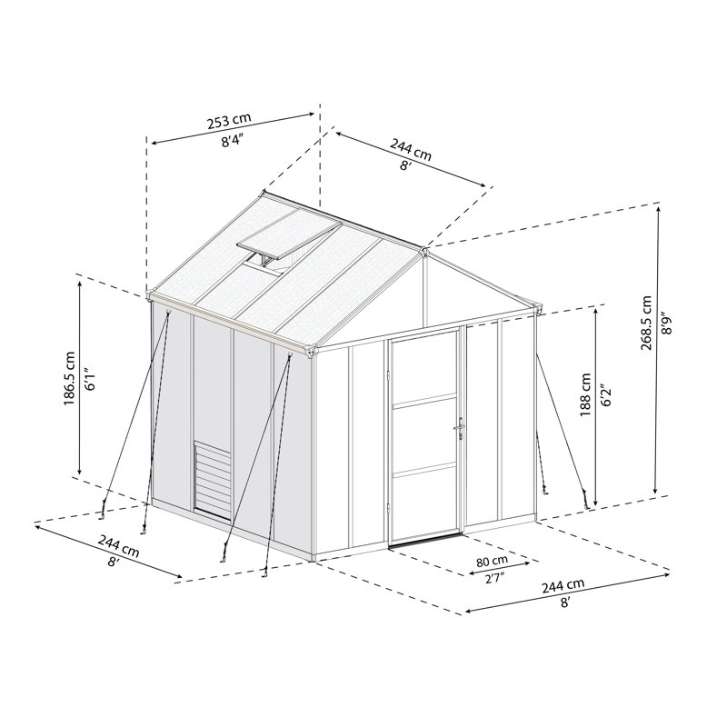 Palram - Canopia Glory 8' W x 8' D Premium Walk-In Hobby Twin Wall Polycarbonate Aluminum Frame Greenhouse Kit with Roof Vents - Gray