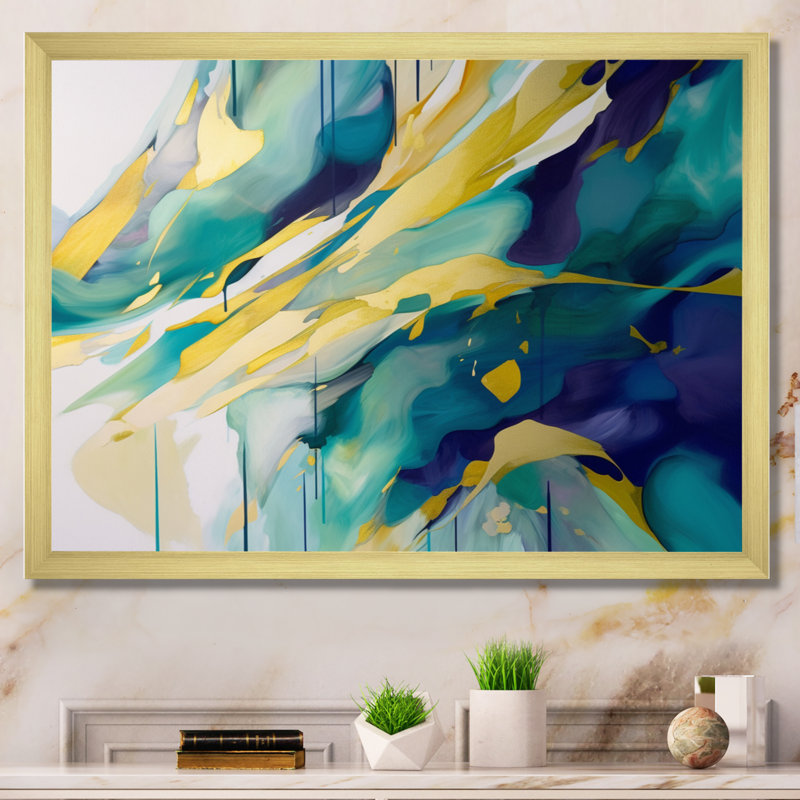 Impression sur toile, or et turquoise, ordre complexe I, Cadre photo doré simple, H 30 po x l 40 po x P 1,5 po