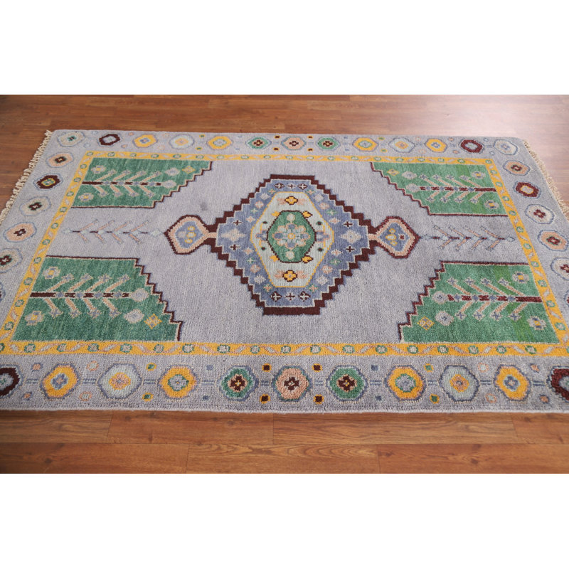 Tapis traditionnel indien gris et bleu en laine 4 x 7