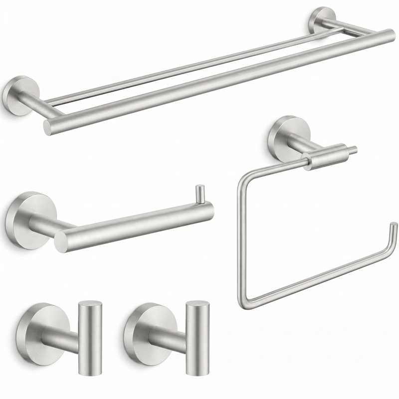 5 - Piece Bathroom Hardware Set with Double Towel Bar Toilet Paper Holder Hand Towel Holder and Towel Hooks, Brushed Nickel