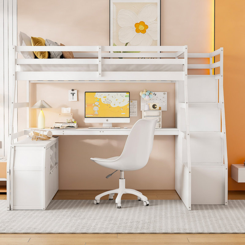 Lit mezzanine avec 7 tiroirs, 2 tablettes et un bureau, Blanc