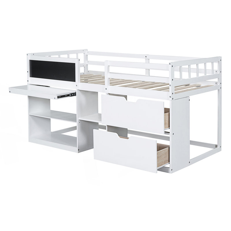 Lit mezzanine simple avec bureau à roulettes, tablette et tiroirs, Blanc
