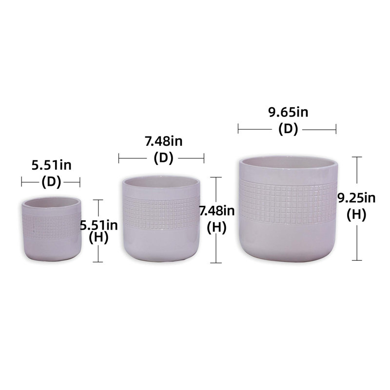 Ensemble de trois pots de fleurs en céramique grille, jardinières modernes idéales pour les décorations de patio, de jardin et de rebord de fenêtre