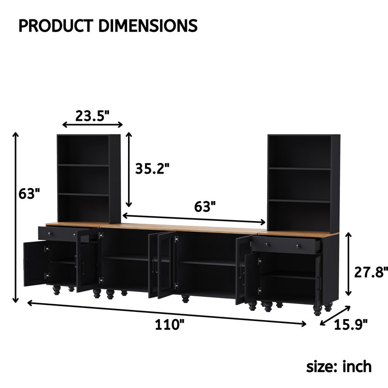 Farmhouse Media Console with Bookshelves & Tempered Glass Doors, Adjustable Storage, Fits TVs up to 70" – Black/Natural