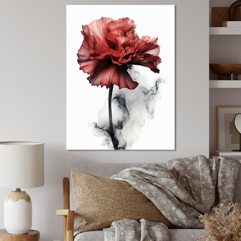 Décoration murale œillets rouges sur encre liquide monochrome - Œillets, H 32 po x l 16 po x P 1 po, Toile tendue