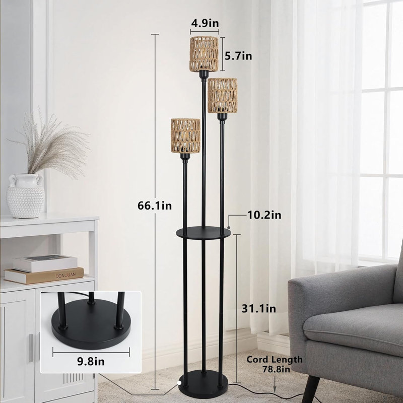 Boho Floor Lamp with Shelves, 3-Lights Farmhouse Tall Floor Lamp with ON/Off Foot Switch