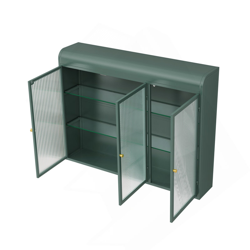 Armoire à pharmacie murale cintrée à 3 portes en verre pour salle de bain et cuisine, vert foncé