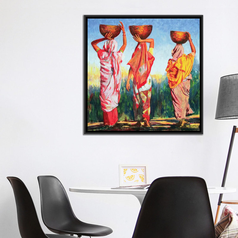 « three féminins », reproduction sur toile, H 18 po x l 18 po x P 1,5 po, Toile avec cadre noir, Pas de tapis